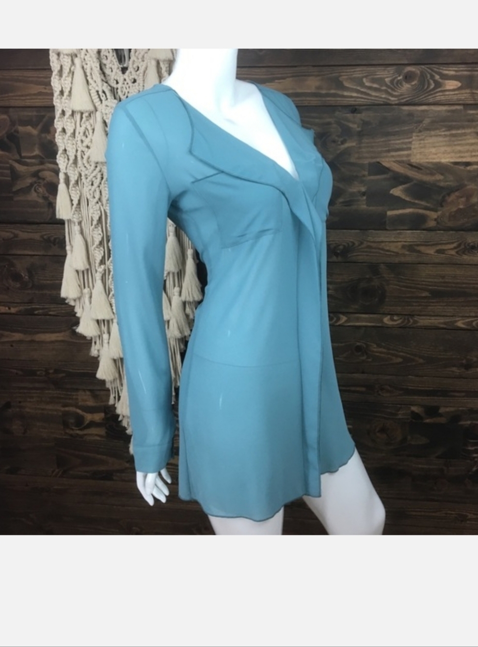 Costa Blanca Dusty BlueTeal V-Neck Mini Tunic T Shrt Mesh Dress Size Small - Picture 4 of 4